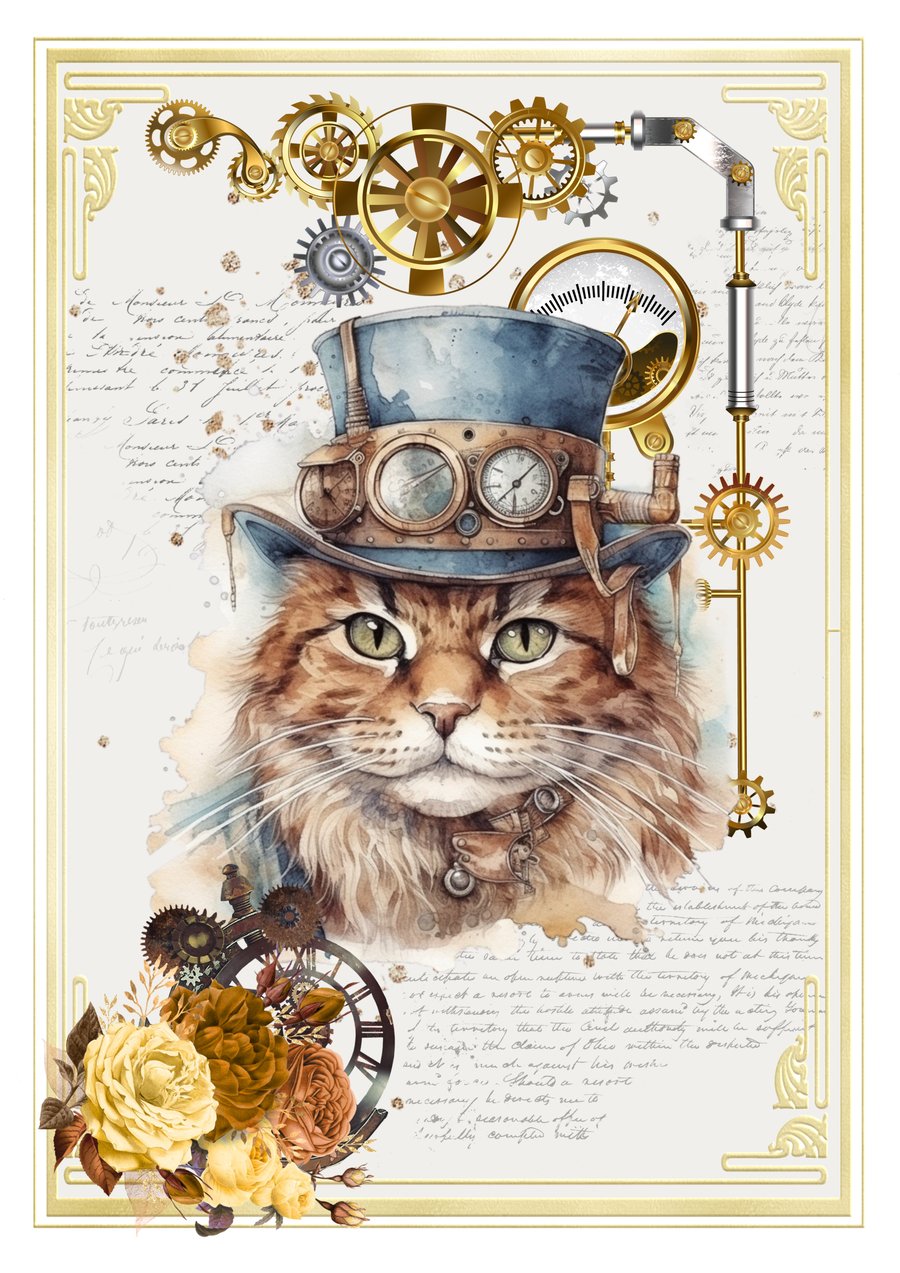 Steampunk Cat Blank Greeting Card. Cute Vintage Victorian Style for Cat Lovers!
