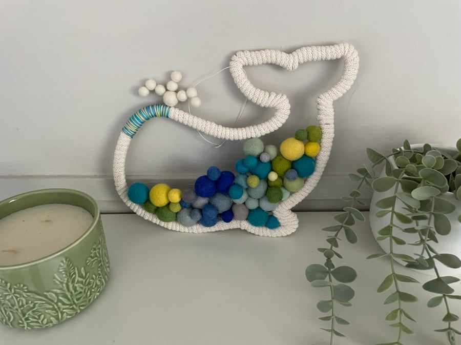 Nursery mobile decoration, whale shape, pure wool felted balls, new baby gift