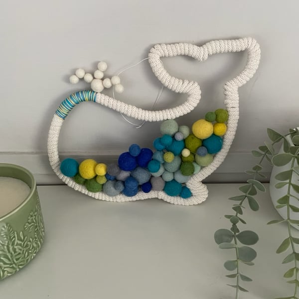 Nursery mobile decoration, whale shape, pure wool felted balls, new baby gift