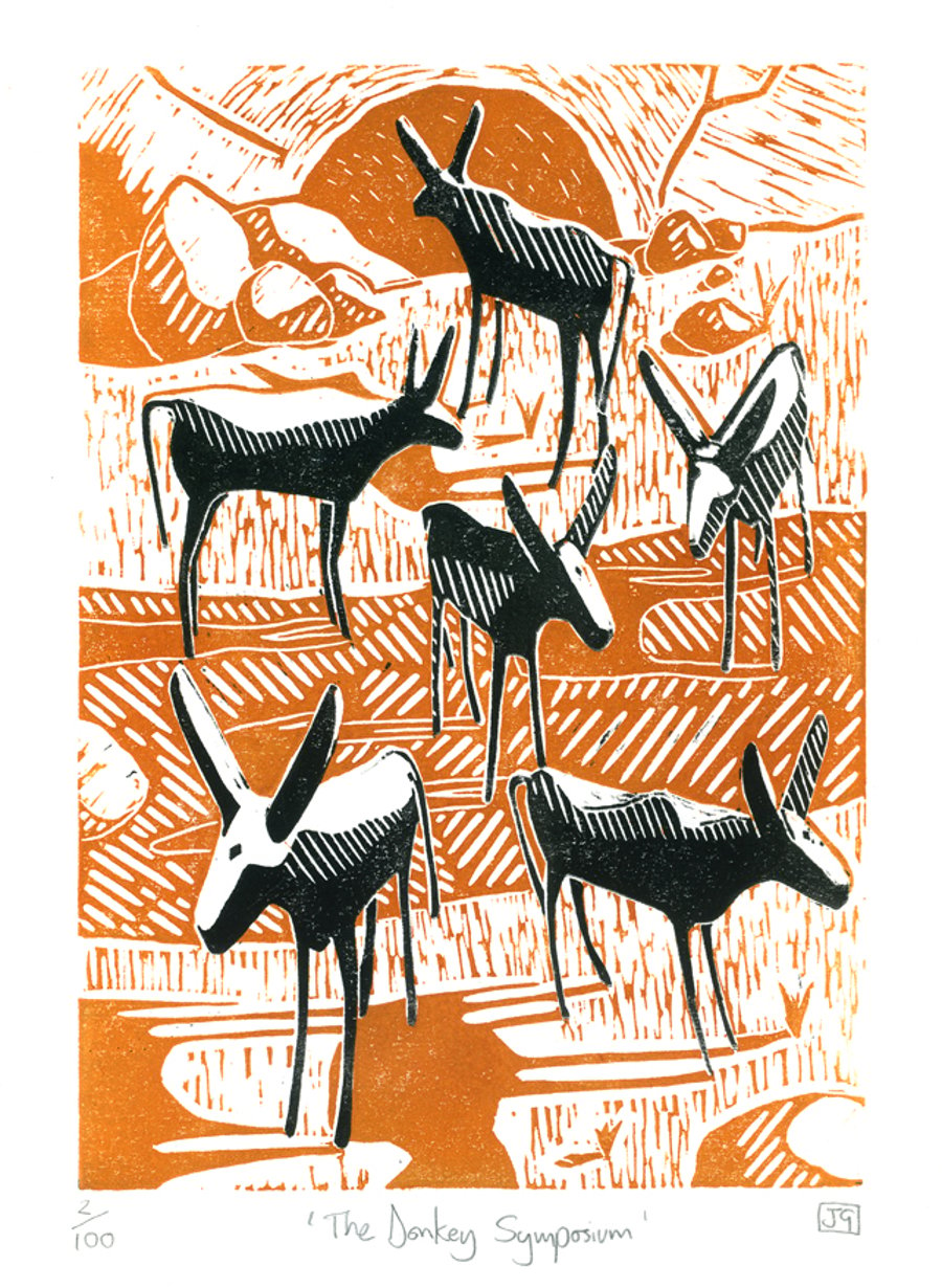 The Donkey Symposium 2-colour linocut print