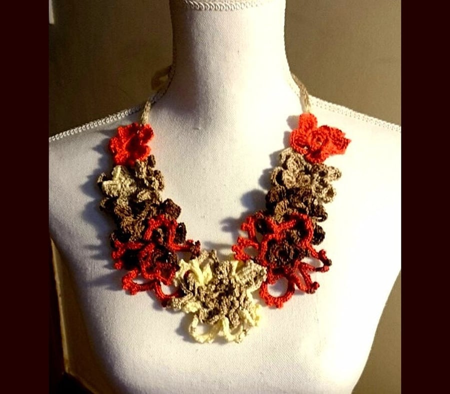 Avant garde Necklace - Crochet Flowers Knitted Orange Brown White Necklace 