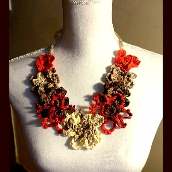 Avant garde Necklace - Crochet Flowers Knitted Orange Brown White Necklace 