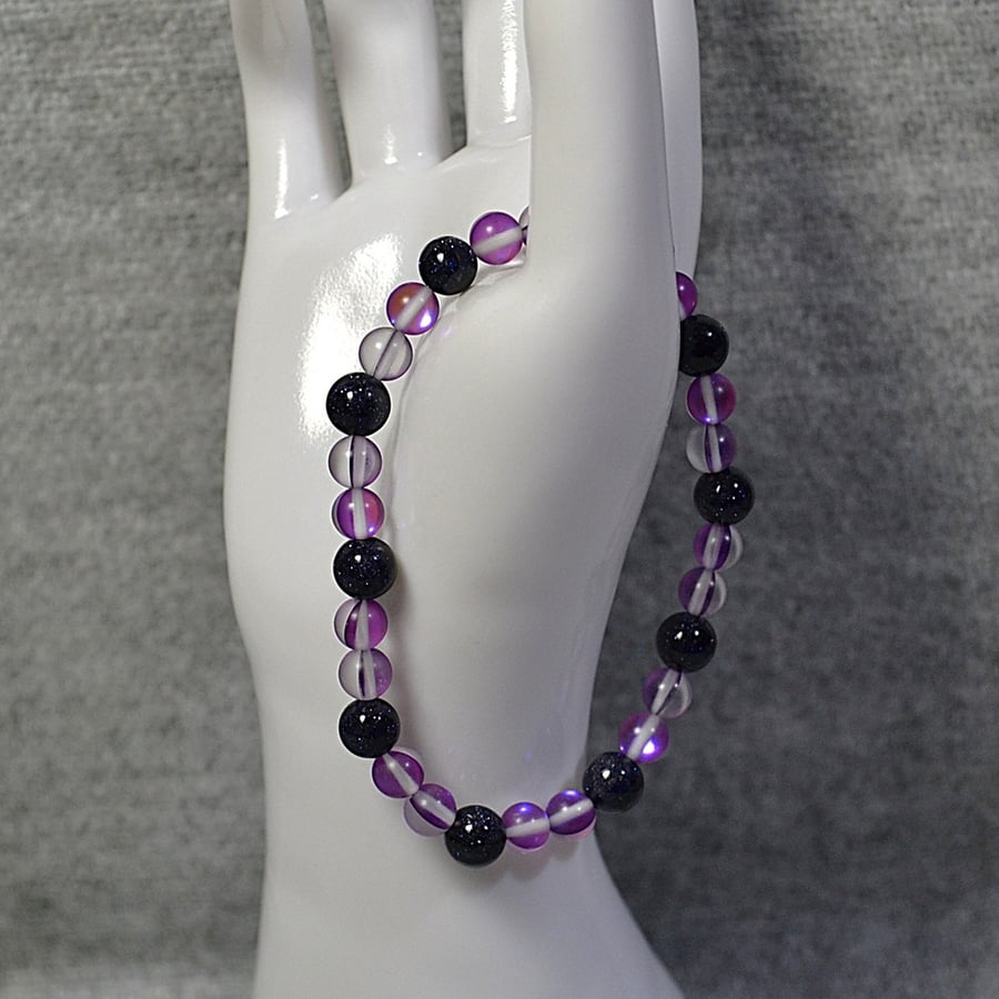 Purple Mermaid Glass and Blue Goldstone Elastic Bracelet