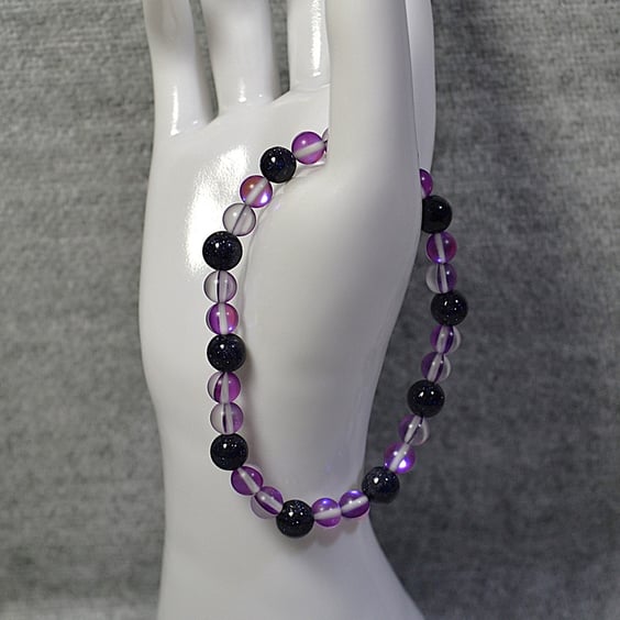 Purple Mermaid Glass and Blue Goldstone Elastic Bracelet