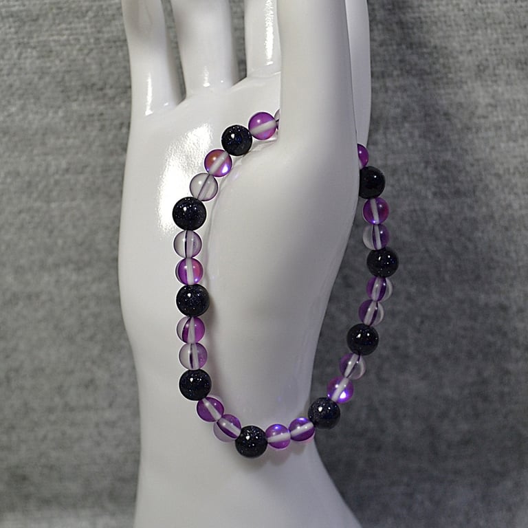 Purple Mermaid Glass and Blue Goldstone Elastic Bracelet