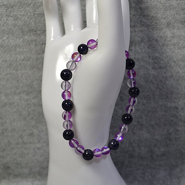 Purple Mermaid Glass and Blue Goldstone Elastic Bracelet