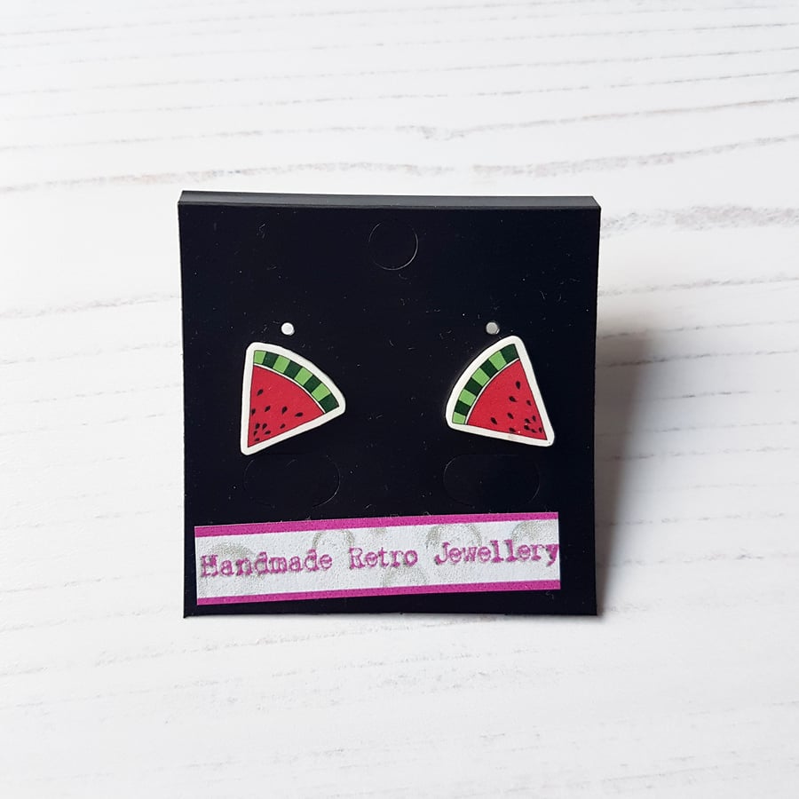 Watermelon slices shrink plastic stud earrings