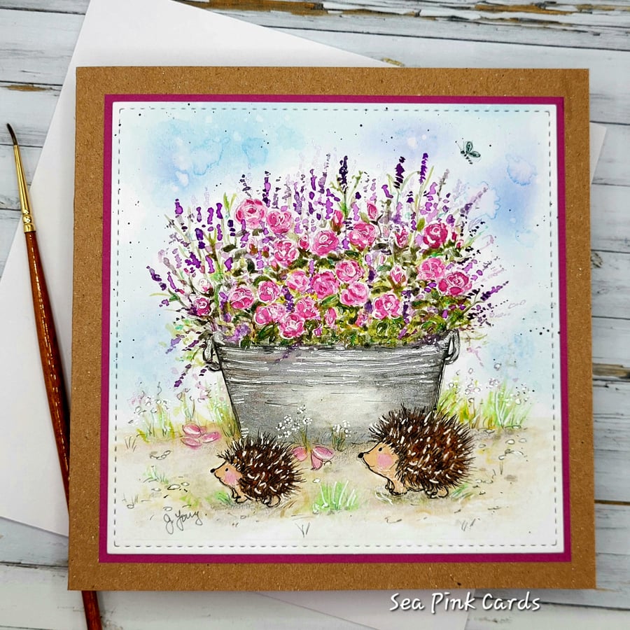  Blank Card hedgehogs, roses - handpainted original, birthday, all occasion