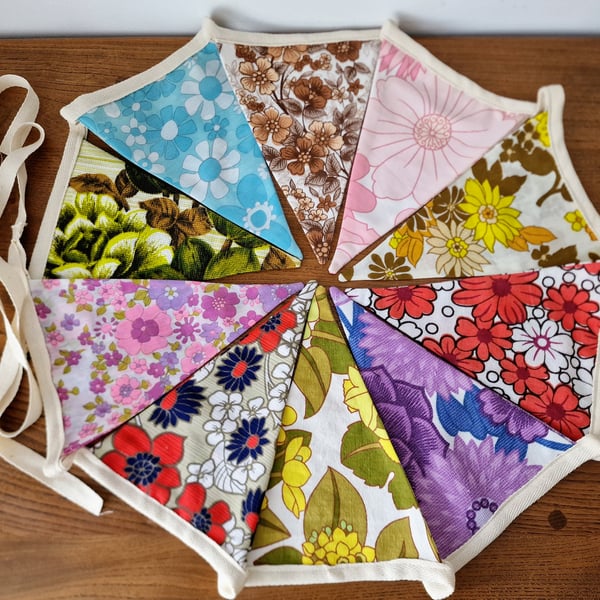 2m-10m handmade fabric bunting banner streamer 1960s 1970s floral bunting
