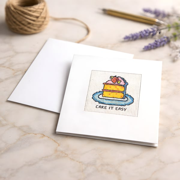 Handmade Cross Stitch Card Cake It Easy Funny Birthday Gift For Friend Baker Pun