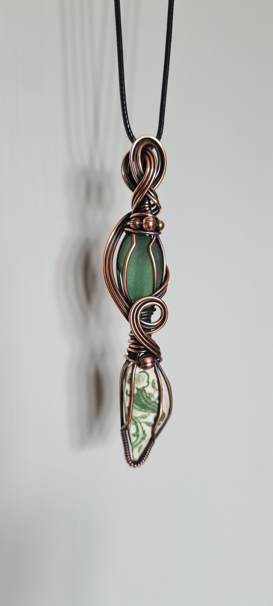 Handmade Unique Green Genuine Welsh Sea Glass & Pottery Copper Pendant Necklace