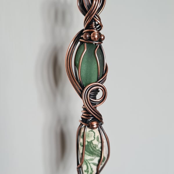 Handmade Unique Green Genuine Welsh Sea Glass & Pottery Copper Pendant Necklace