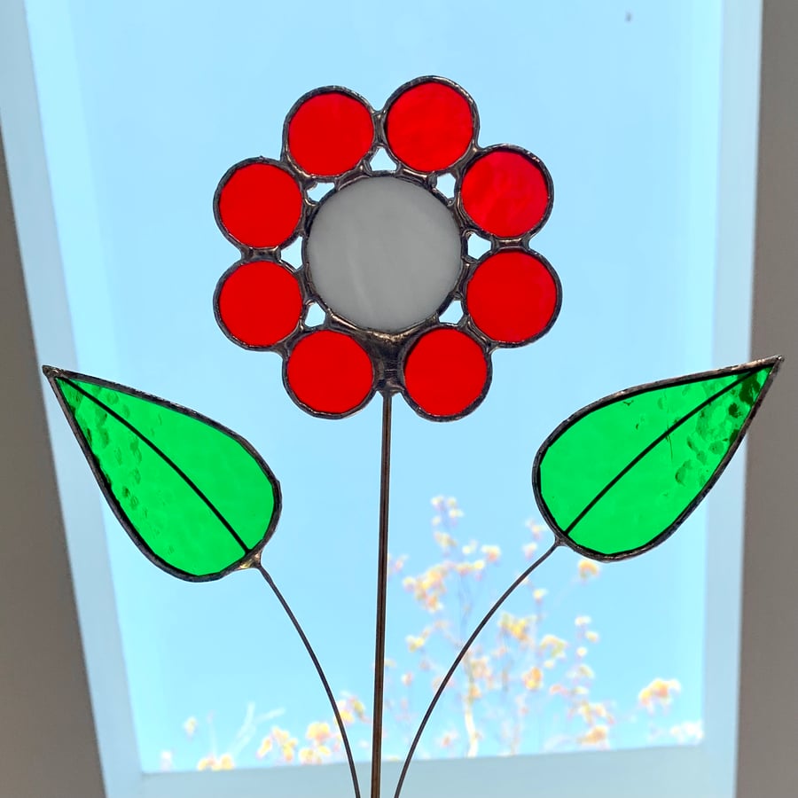 Stained Glass Bubble Daisy Plant Pot Stake - Garden Decoration - Red White
