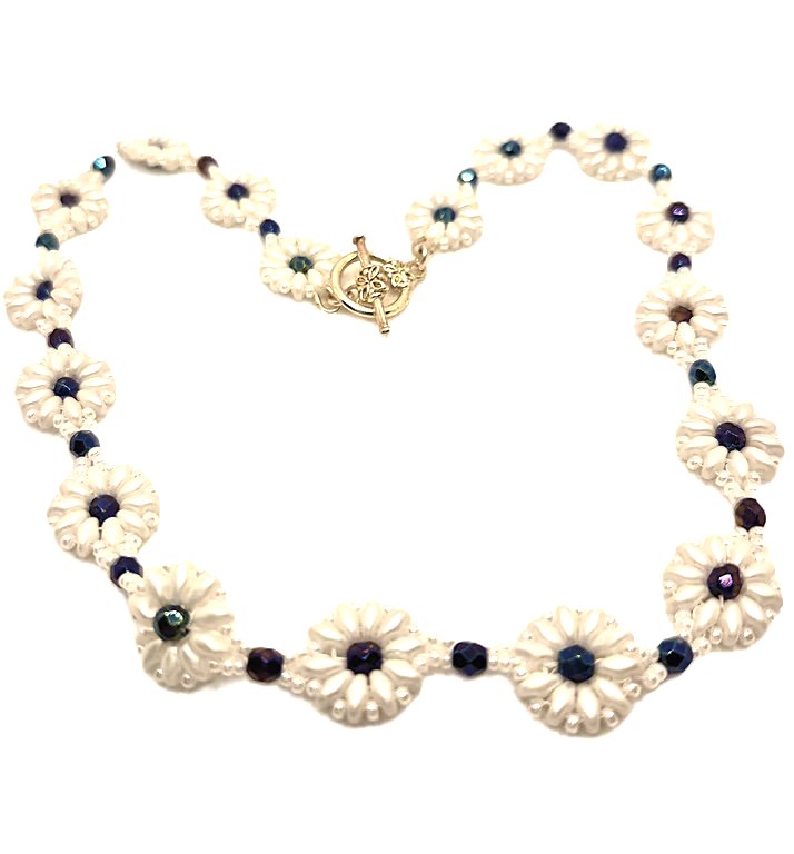 White daisy chain necklace with dyed haematite beads