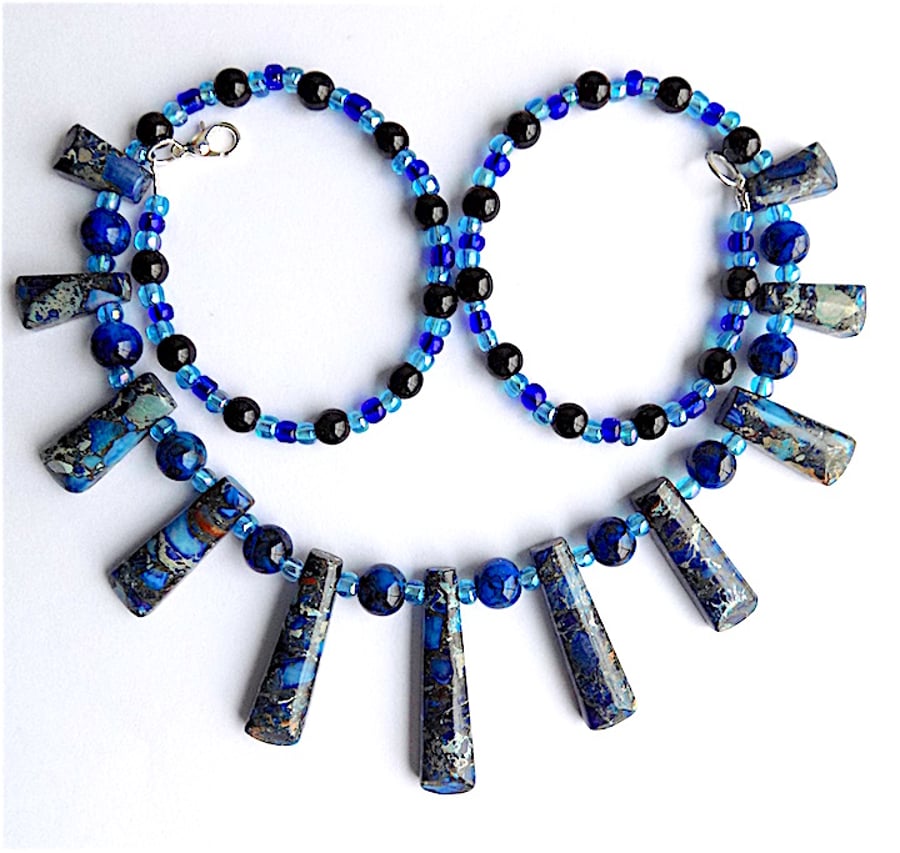 Gem stone necklace blue sea sediment jasper pendant drops with cats eye opals.