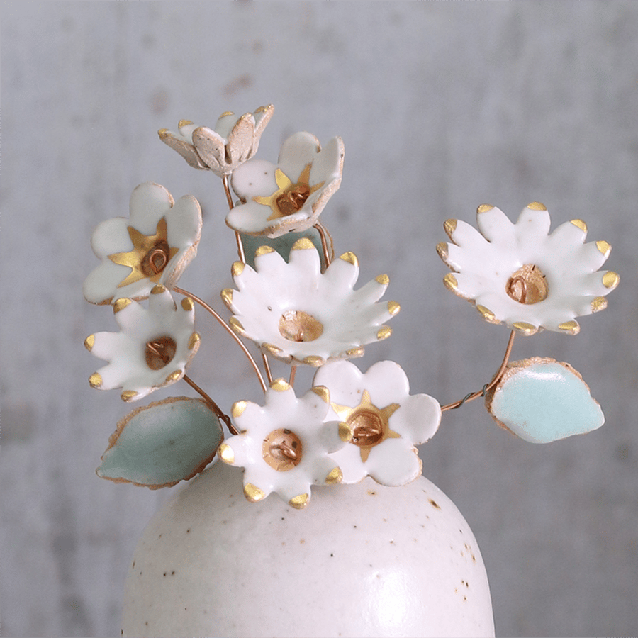 White and Gold Ceramic Flower Bouquet Large