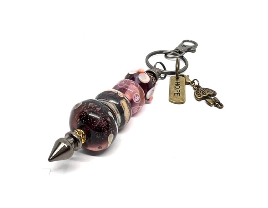 Handmade Plum & Pink Lamp-wo Glass Bead Bag Charm with added Charms Unique Gift 