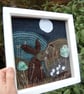 Textile hare under the moon landscape. Hand stitched onto fabric pieces. - Image 3