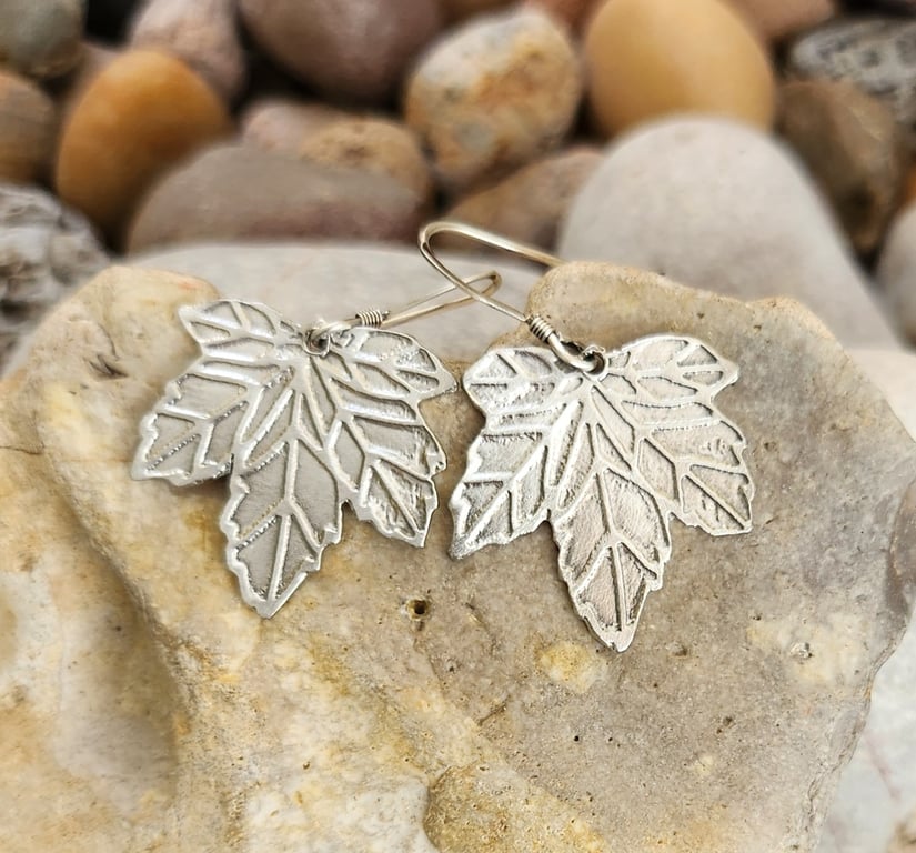 Maple Leaf earrings in etched pewter