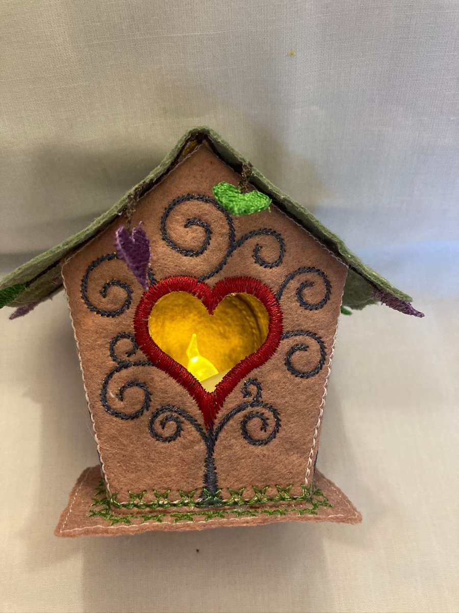 Fabric embroidered tea light bird house. Medium size