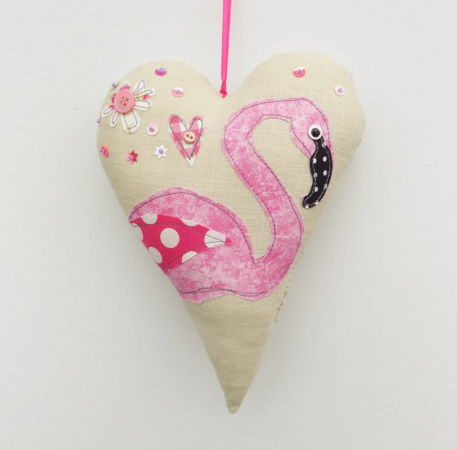 Quirky bird FLAMINGO HANGING HEART Decoration  With Raw Edge Applique 