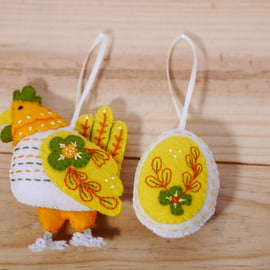 Hen and Egg hand embroidered felt Easter Decorations yellow and white