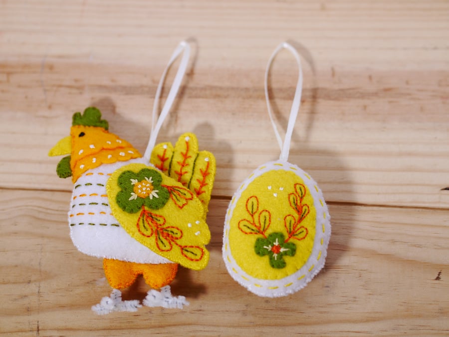 Hen and Egg hand embroidered felt Easter Decorations yellow and white