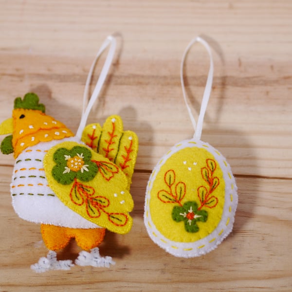 Hen and Egg hand embroidered felt Easter Decorations yellow and white