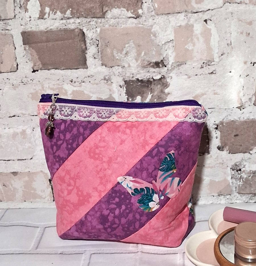PATCHWORK BUTTERFLY AND LACE COSMETIC BAG