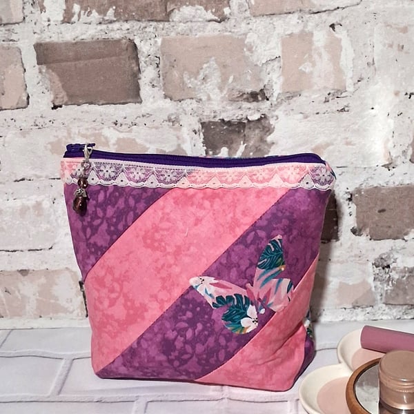 PATCHWORK BUTTERFLY AND LACE COSMETIC BAG