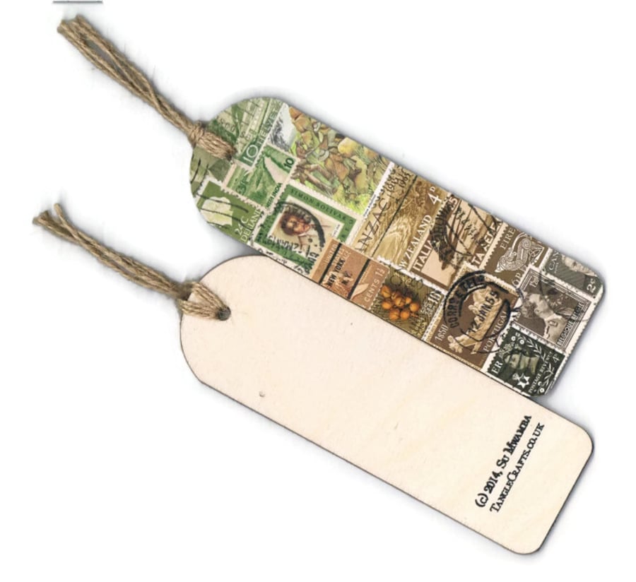 Green-Brown Bookmark - Upcycled Postage Stamp Collage, OOAK Wooden Bookmark