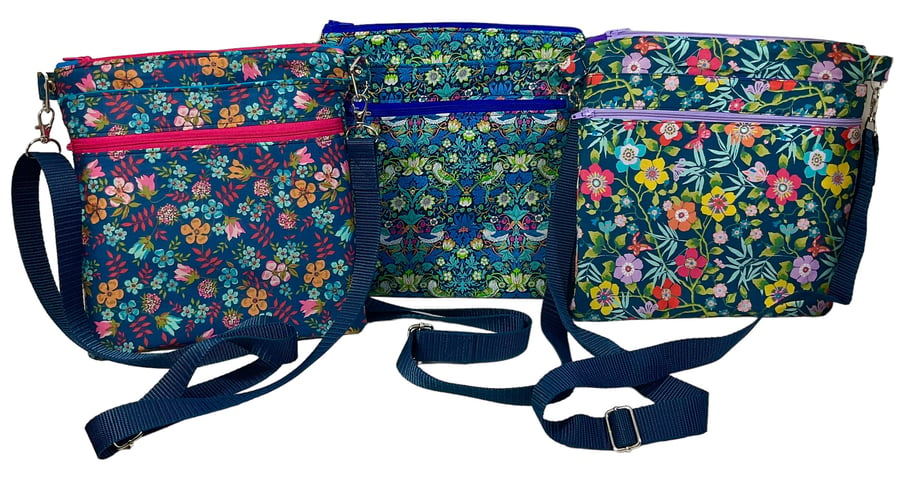 Liberty fabric slim shoulder bag with multi pockets, messenger style paisley flo