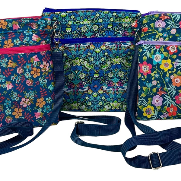 Liberty fabric slim shoulder bag with multi pockets, messenger style paisley flo