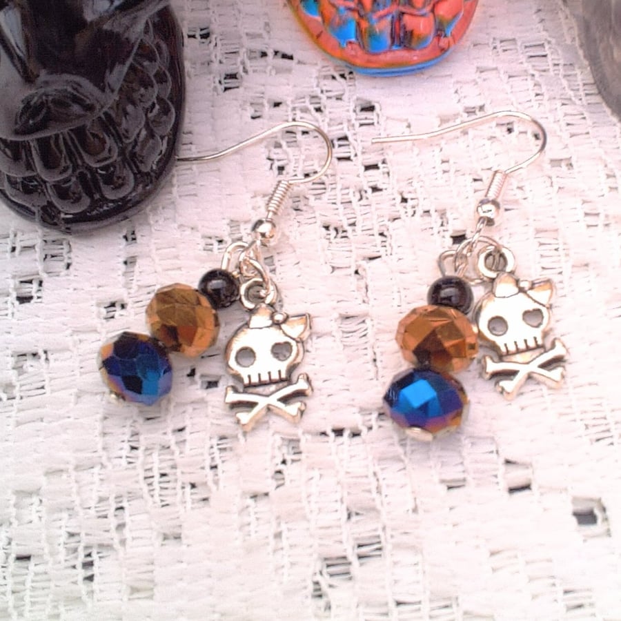 Halloween Cute Skull and Crossbones and Blue and Gold Crystals, Gift for Her