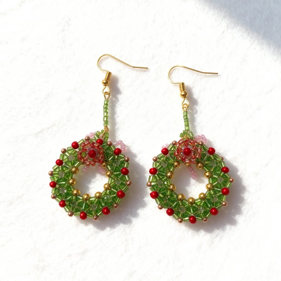 Handmade Festive Beaded Wreath Earrings with Bow & Flower Details