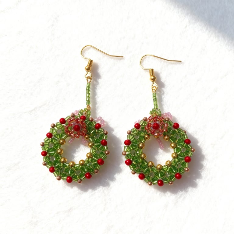 Handmade Festive Beaded Wreath Earrings with Bow & Flower Details