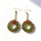 Handmade Festive Beaded Wreath Earrings with Bow & Flower Details