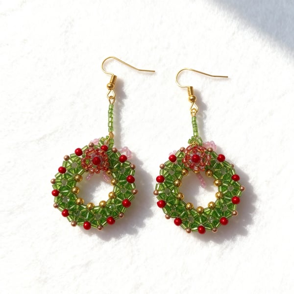 Handmade Festive Beaded Wreath Earrings with Bow & Flower Details