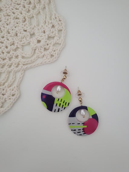 Handmade Abstract Pattern Polymer Clay Earring with Pearl - Geo-Gem Drops
