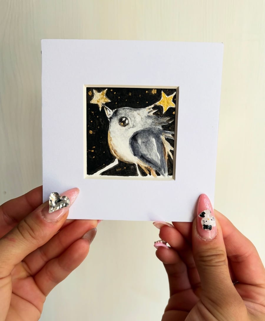 Hand Painted ACEO Tiny Art Magical Bird Catching Star Nightscape Art For Sale