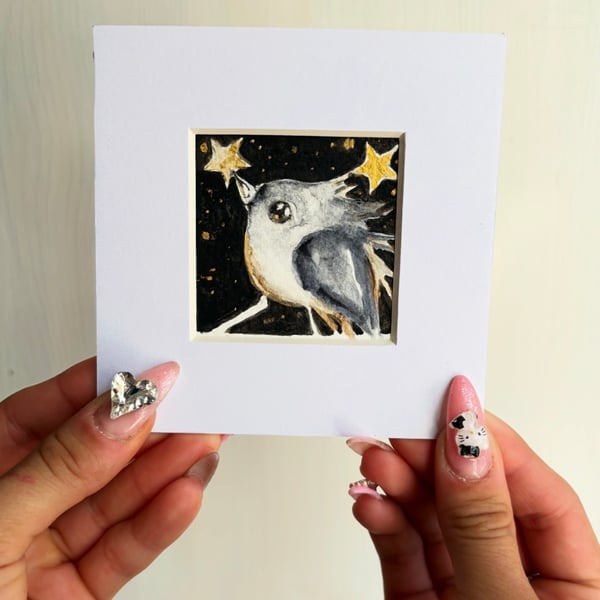 Hand Painted ACEO Tiny Art Magical Bird Catching Star Nightscape Art For Sale