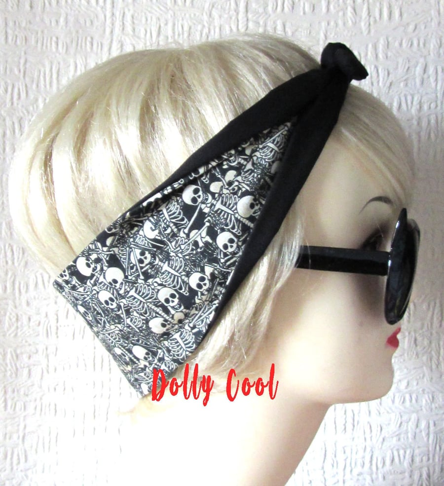 Skeleton Hair Tie Skull and Bones Print Fabric Scarf Wrap Band by Dolly Cool - A