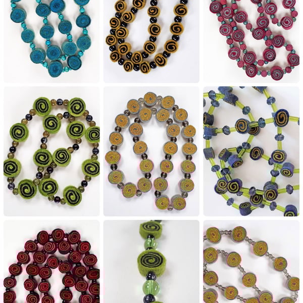 Magenta and Blue Felt Necklace with Haematite and Lava Beads