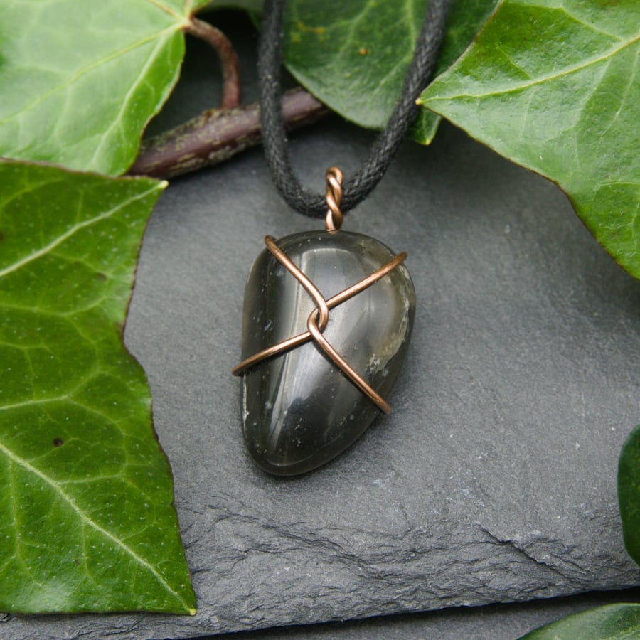 Simple Copper Wire Wrapped Black Pebble Pendant