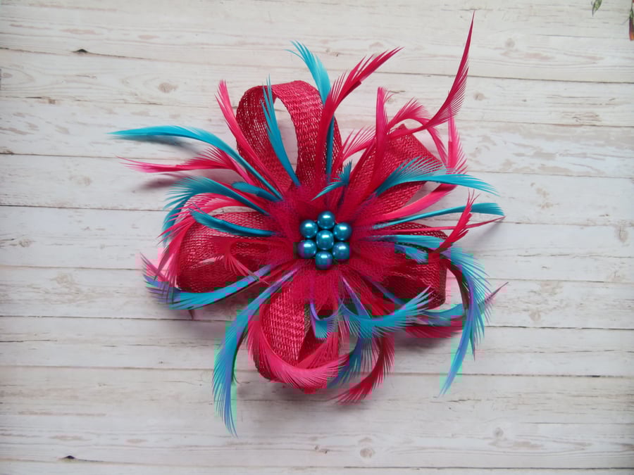 Cerise Raspberry Fuchsia Pink and Dark Turquoise Blue Sinamay Loop Feather Clip 