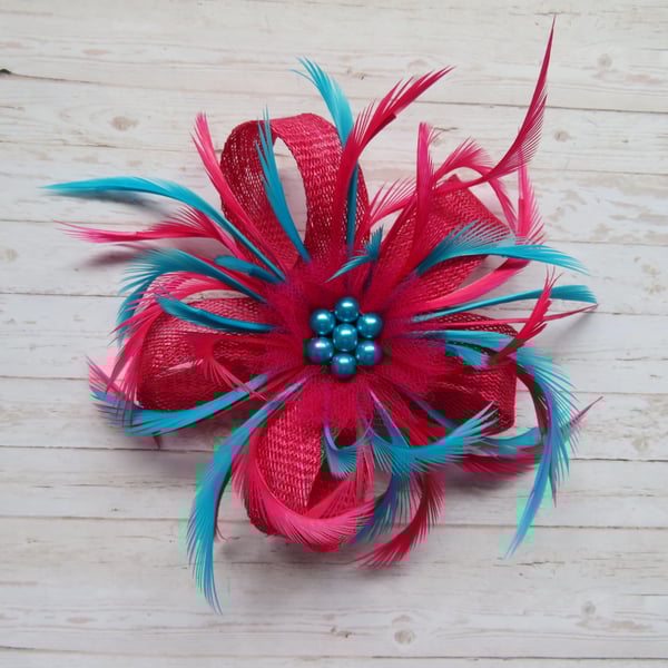 Cerise Raspberry Fuchsia Pink and Dark Turquoise Blue Sinamay Loop Feather Clip 