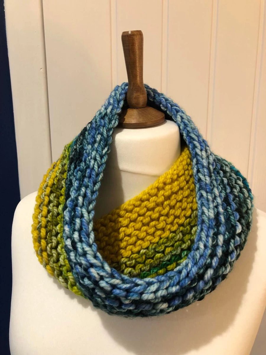 Super chunky woollen handknitted cowl Blue, Yellow and Green 72cms x 20cms