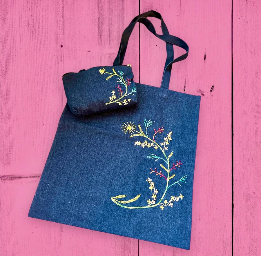 Denim tote and zip purse embroidered floral design,festival Packabag. 