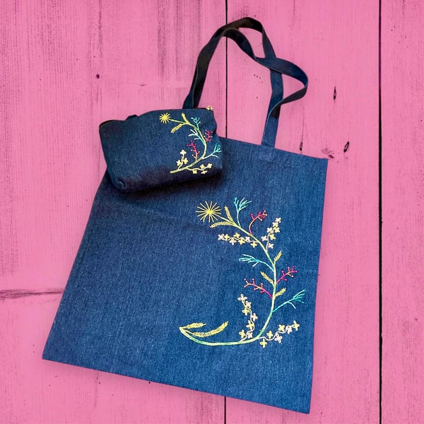 Denim tote and zip purse embroidered floral design,festival Packabag. 