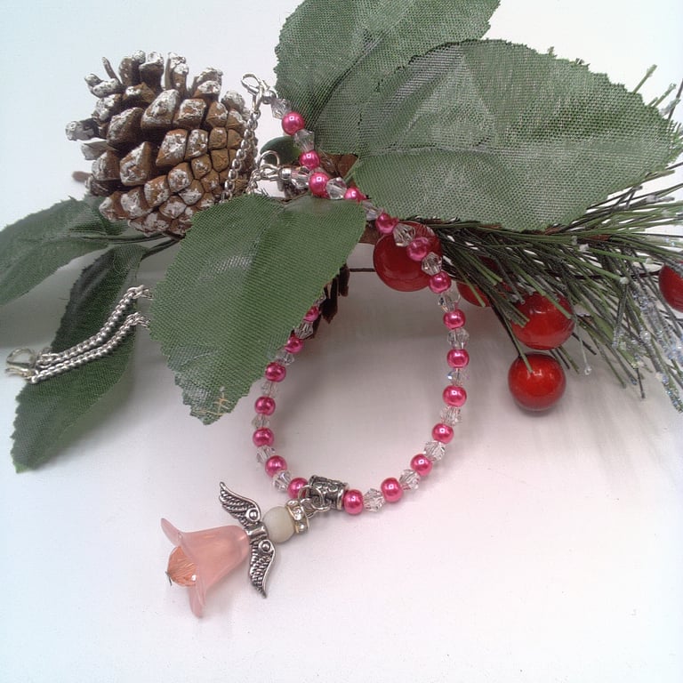 Christmas Angel Pendant on a Pearl Crystal and Chain Necklace, Stocking Filler